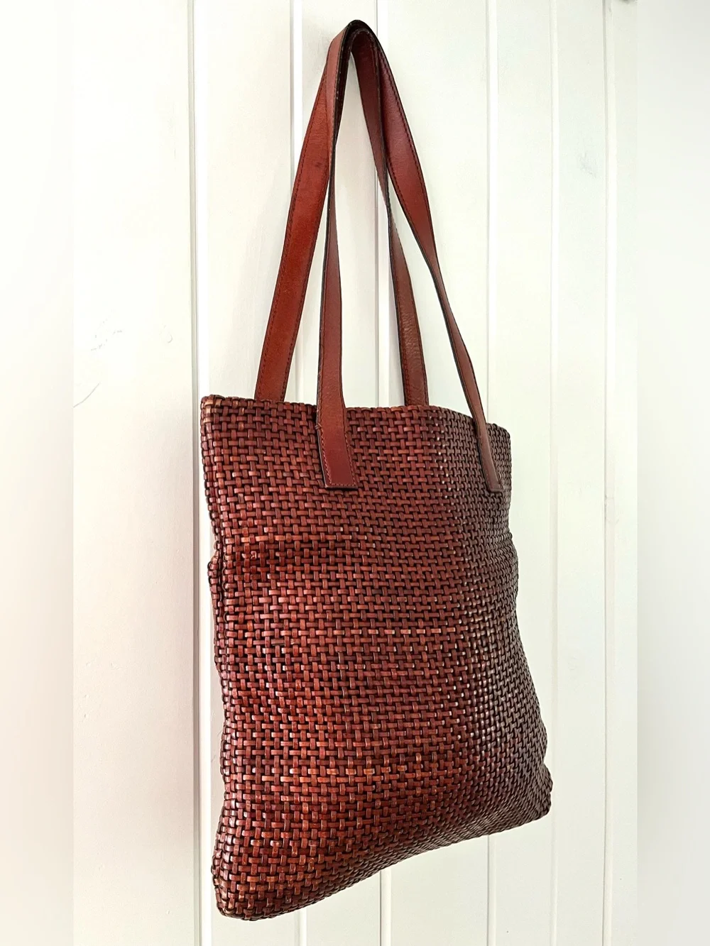 Americana by Sharif Vintage Cognac Brown leather woven tote bag